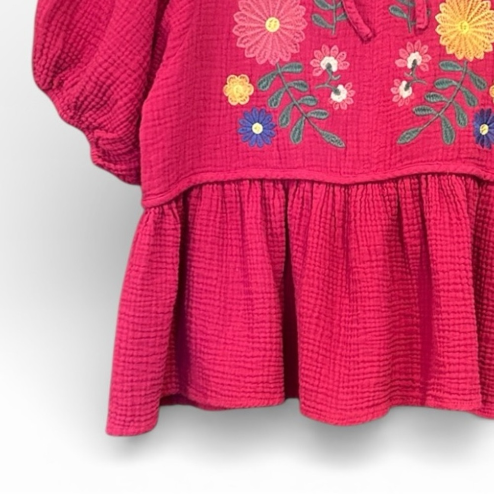 Umgee Cotton Gauze Floral Embroidery Babydoll Blouse in Deep Rose Size Small - Picture 8 of 12